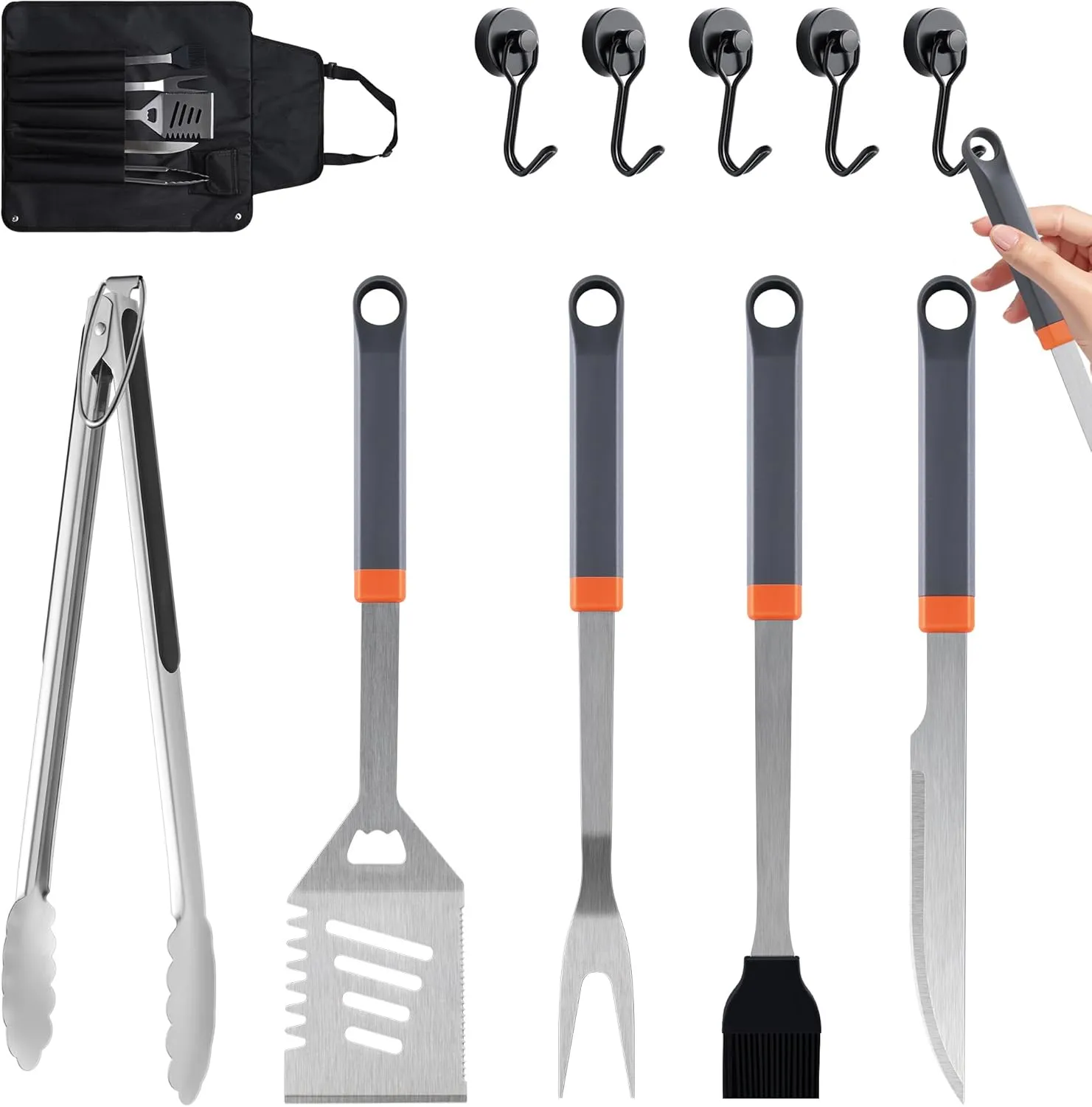 11-Piece Stainless Steel BBQ Grilling Accessories Set, Practical Grill Tools with Hooks & Storage Apron for Outdoor Grill, Cooking, Camping, Fathers Day Grilling Gifts for Men Dad