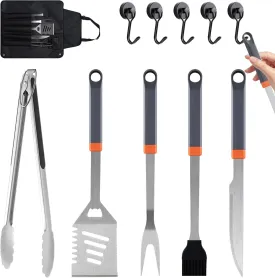 11-Piece Stainless Steel BBQ Grilling Accessories Set, Practical Grill Tools with Hooks & Storage Apron for Outdoor Grill, Cooking, Camping, Fathers Day Grilling Gifts for Men Dad