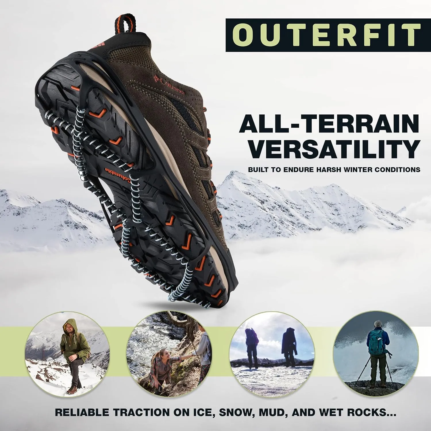 Non-Slip Crampons with Zinc Coated Steel Coils, Snow and Ice Cleats for Men and Women, Shoe Spikes for Hiking, Fishing, Walking