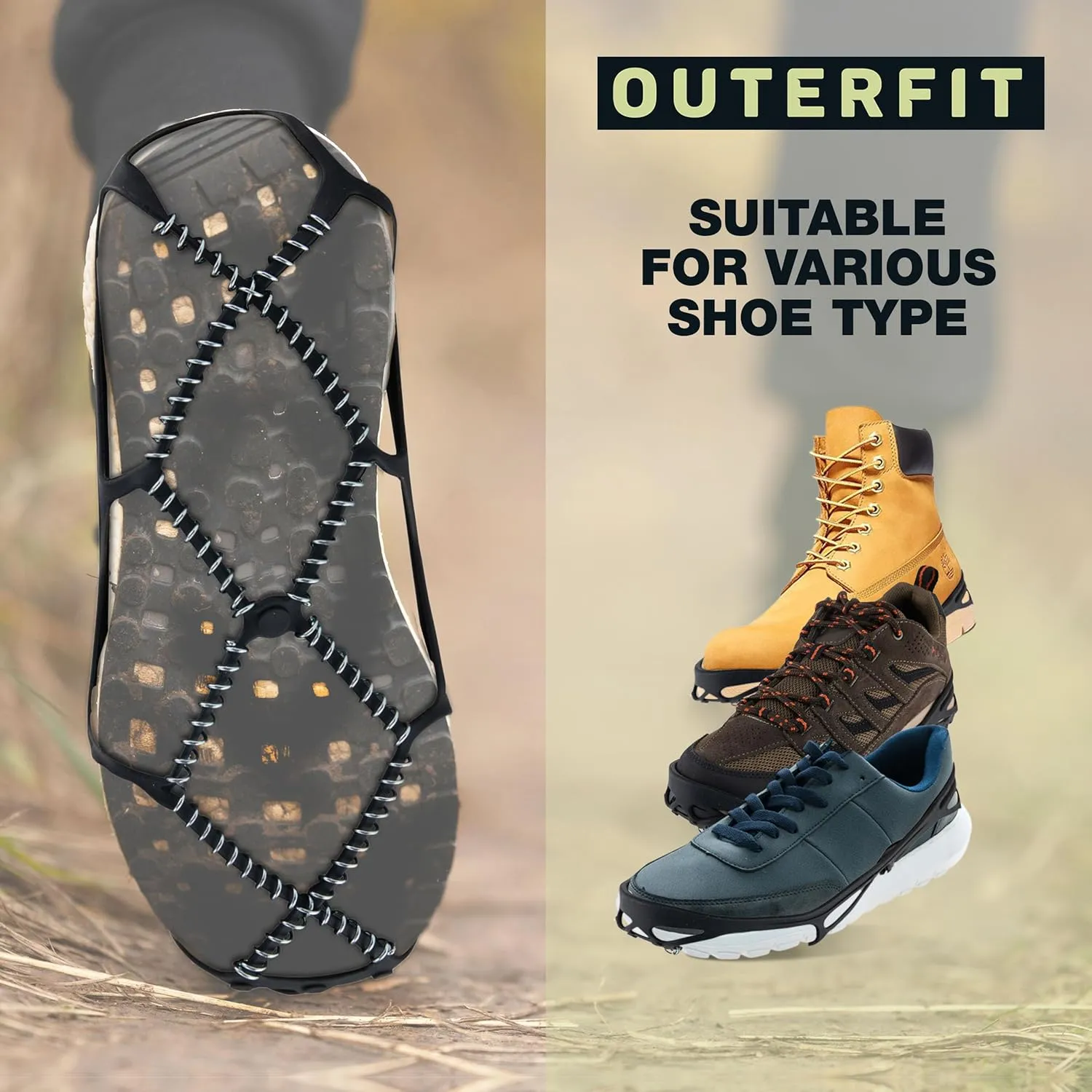 Non-Slip Crampons with Zinc Coated Steel Coils, Snow and Ice Cleats for Men and Women, Shoe Spikes for Hiking, Fishing, Walking
