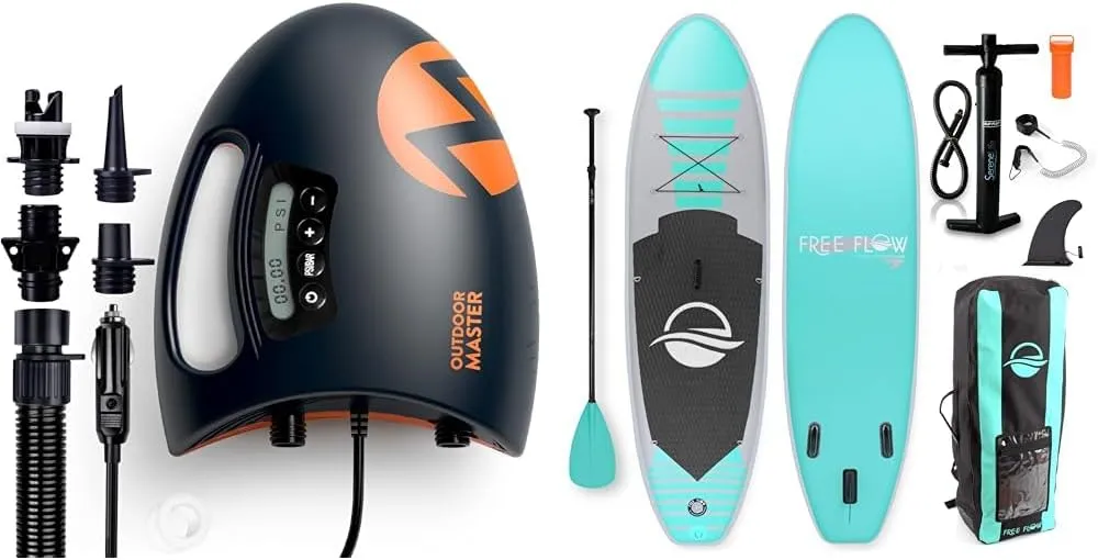 OutdoorMaster Shark High Pressure SUP Pump - Electric Air Pump with 20 PSI Active Cooling System & SereneLife Inflatable Stand Up Paddle Board (6 Inches Thick) with Premium SUP Accessories