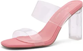Shoe Land Brienna Women's Clear Heels Chunky Block Heeled Slides Open Toe Two Band Slip-On Mules  Dressy Heeled Sandals for Prom, Wedding, and Party