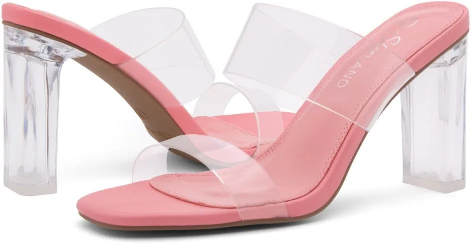 Shoe Land Brienna Women's Clear Heels Chunky Block Heeled Slides Open Toe Two Band Slip-On Mules  Dressy Heeled Sandals for Prom, Wedding, and Party
