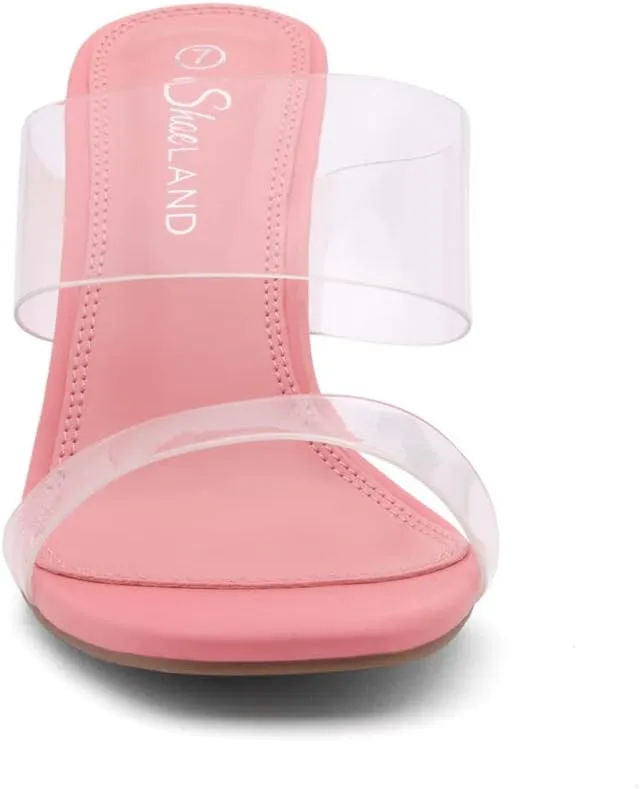 Shoe Land Brienna Women's Clear Heels Chunky Block Heeled Slides Open Toe Two Band Slip-On Mules  Dressy Heeled Sandals for Prom, Wedding, and Party