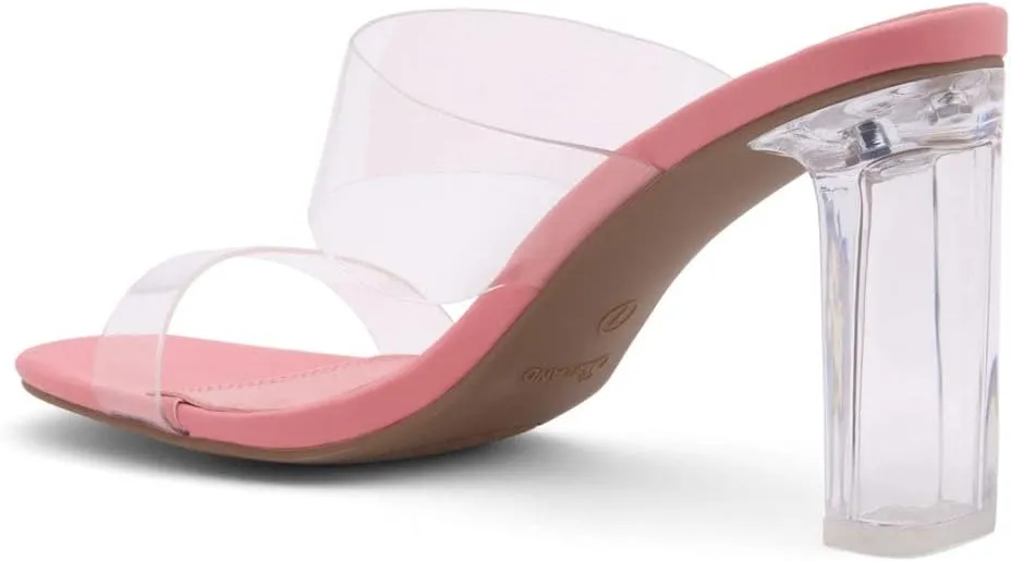 Shoe Land Brienna Women's Clear Heels Chunky Block Heeled Slides Open Toe Two Band Slip-On Mules  Dressy Heeled Sandals for Prom, Wedding, and Party