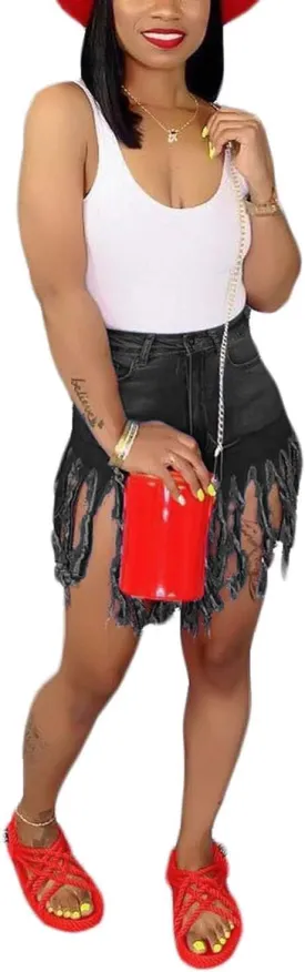 SIAEAMRG Women's Juniors Denim Shorts, High Waisted Frayed Raw Hem Tassels Short Pants Jeans